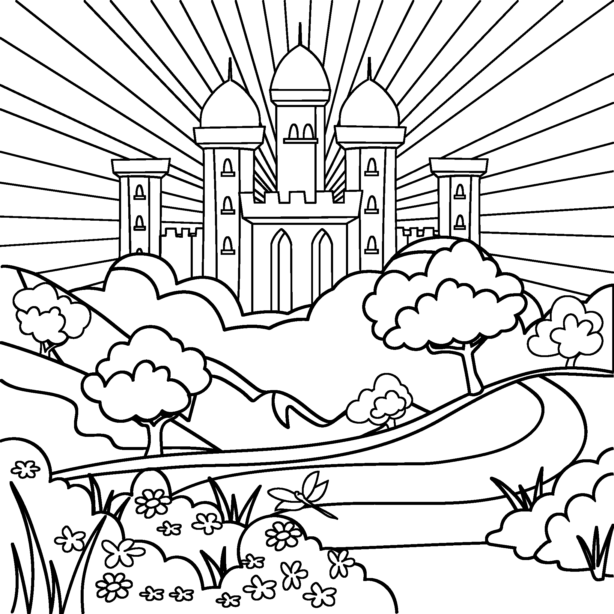 An amazing castle with golden domes sits on clouds, surrounded by bright sun rays. A path leads through a colorful, hilly landscape with trees and flowers.