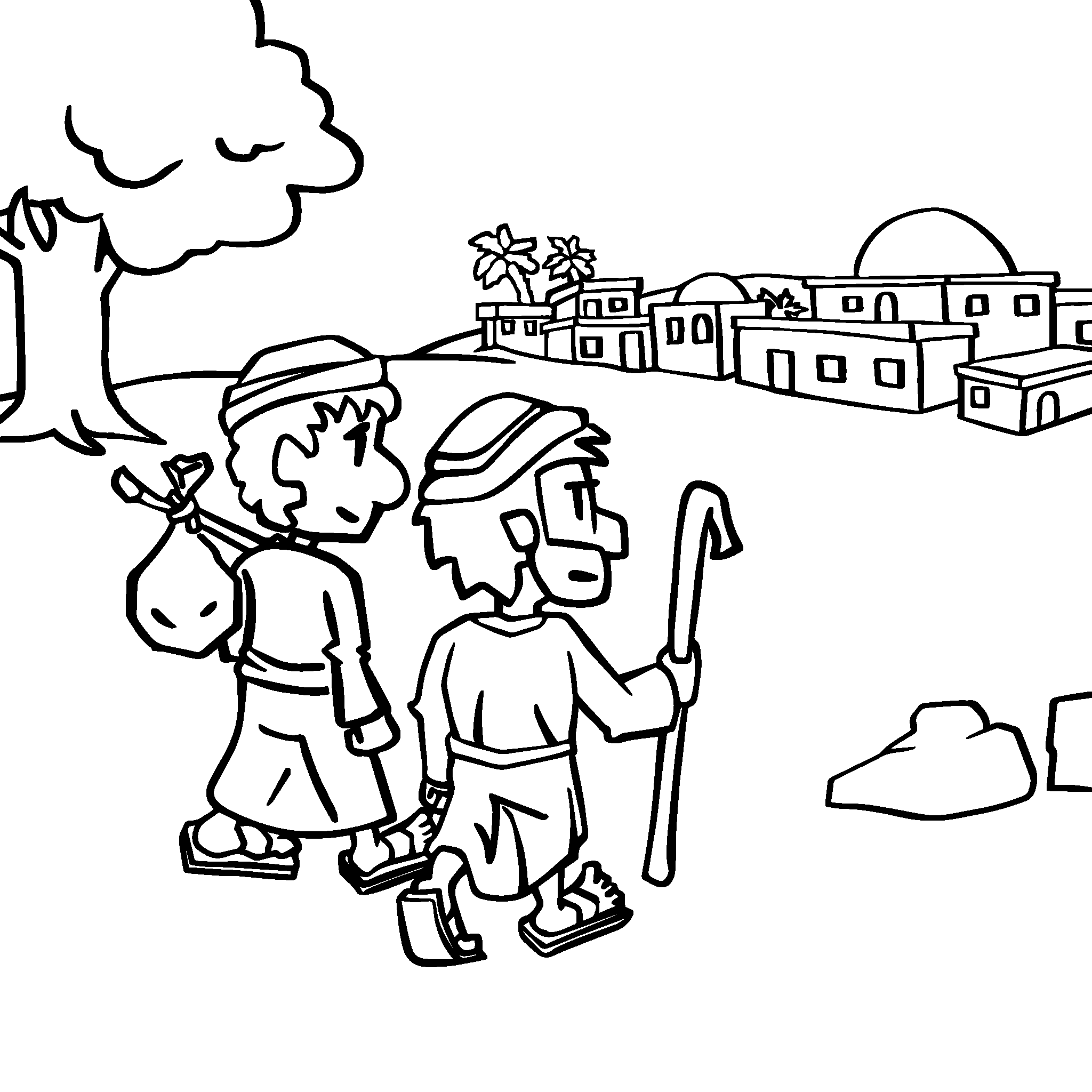 Two disciples walk sadly along the road to the village of Emmaus.