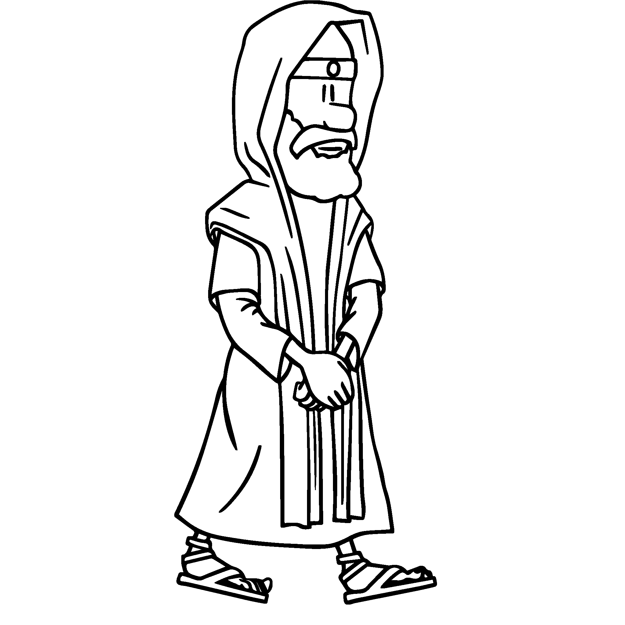 A man in a robe and hood stands with his hands clasped. He is described as a Levite, an assistant and singer in the temple.
