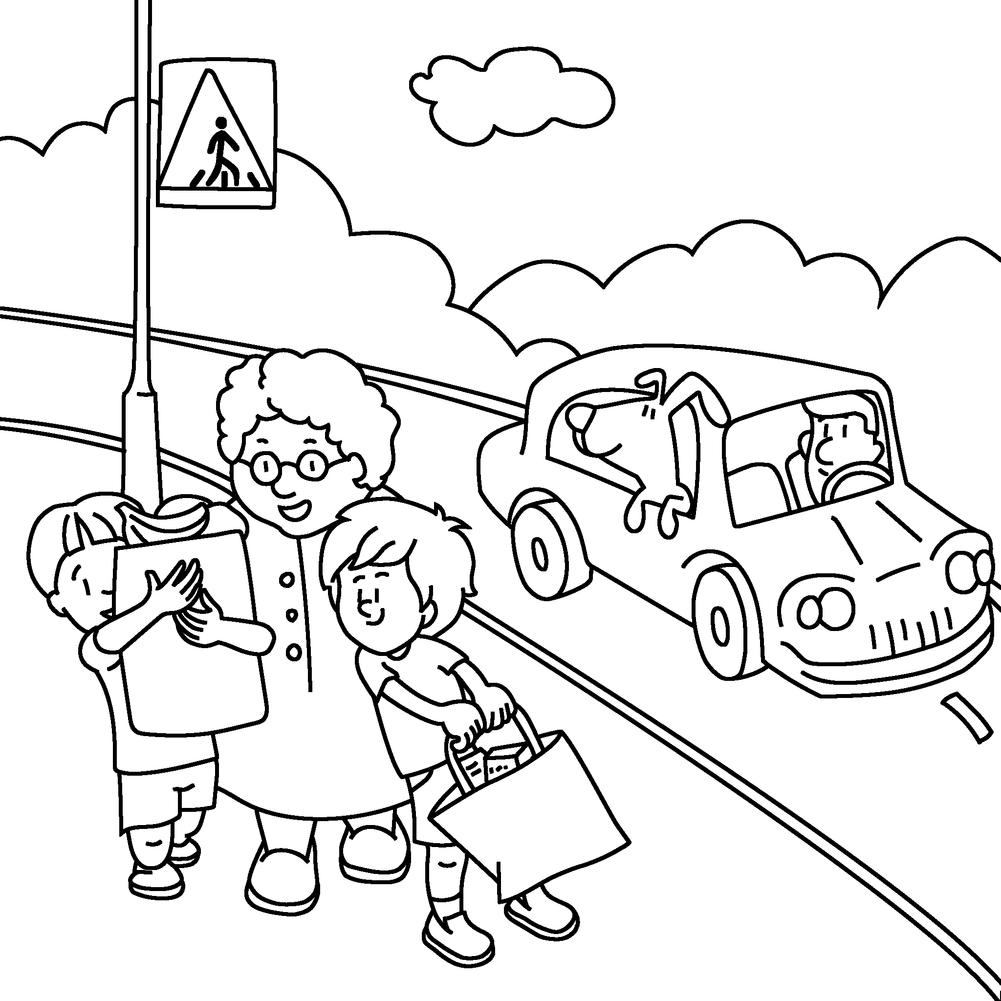 A kind woman and two boys carry groceries across the street while a dog looks out of a car window.