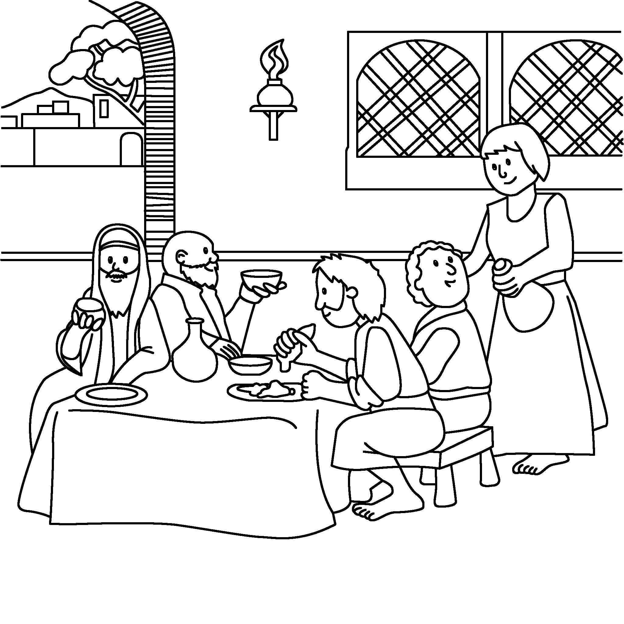 Jesus and his disciples share a meal at Peter's house, where a woman serves them.